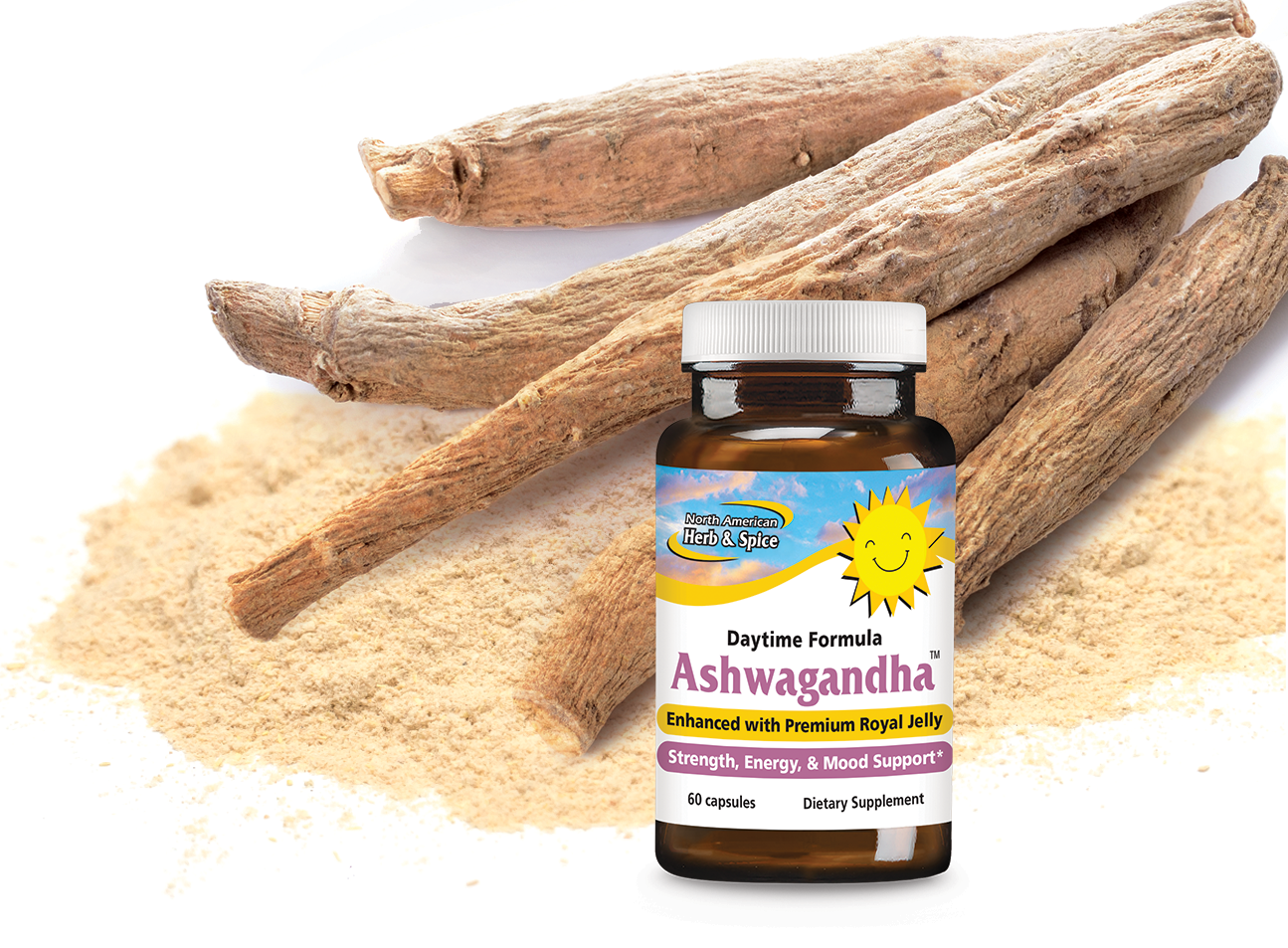 Raw ashwagandha with Ashwagandha product bottle